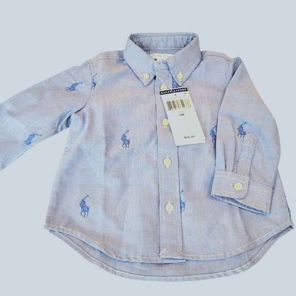 Polo Ralph Lauren Chambray Blue Baby Shirt Allover Pony Logo Long Sleeve, 6M NWT - Picture 3 of 14